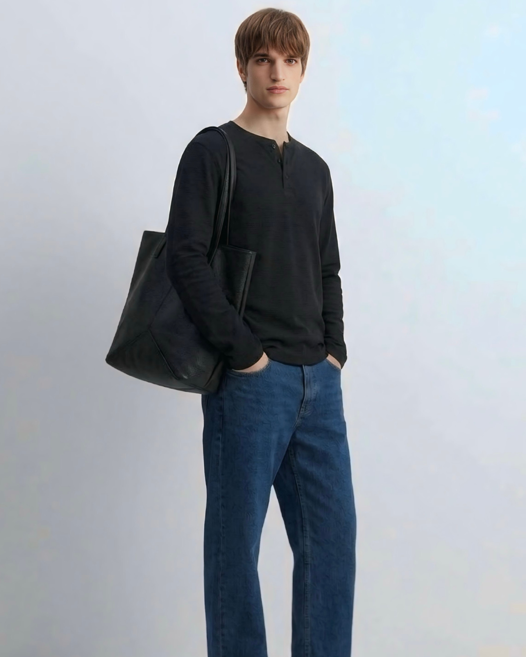 Black Waffle Knit Henley